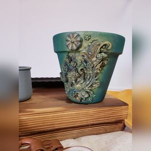 Shabby Chic Ceramic Floral Plant Pot Blue Gold Hand Embellished